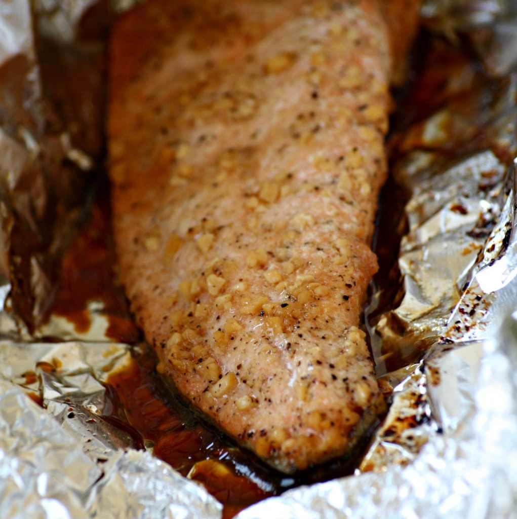 Soy Sauce and Brown Sugar Salmon Foil Packet closeup