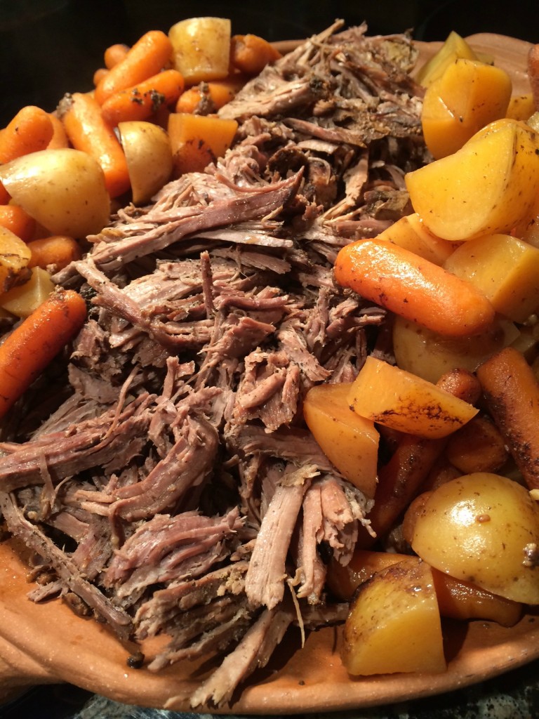 Slow Cooker Balsamic Shredded Beef with Potatoes and Carrots