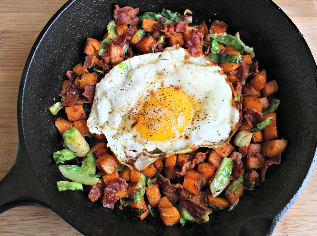 Sweet Potato, Brussels Sprouts and Egg Hash