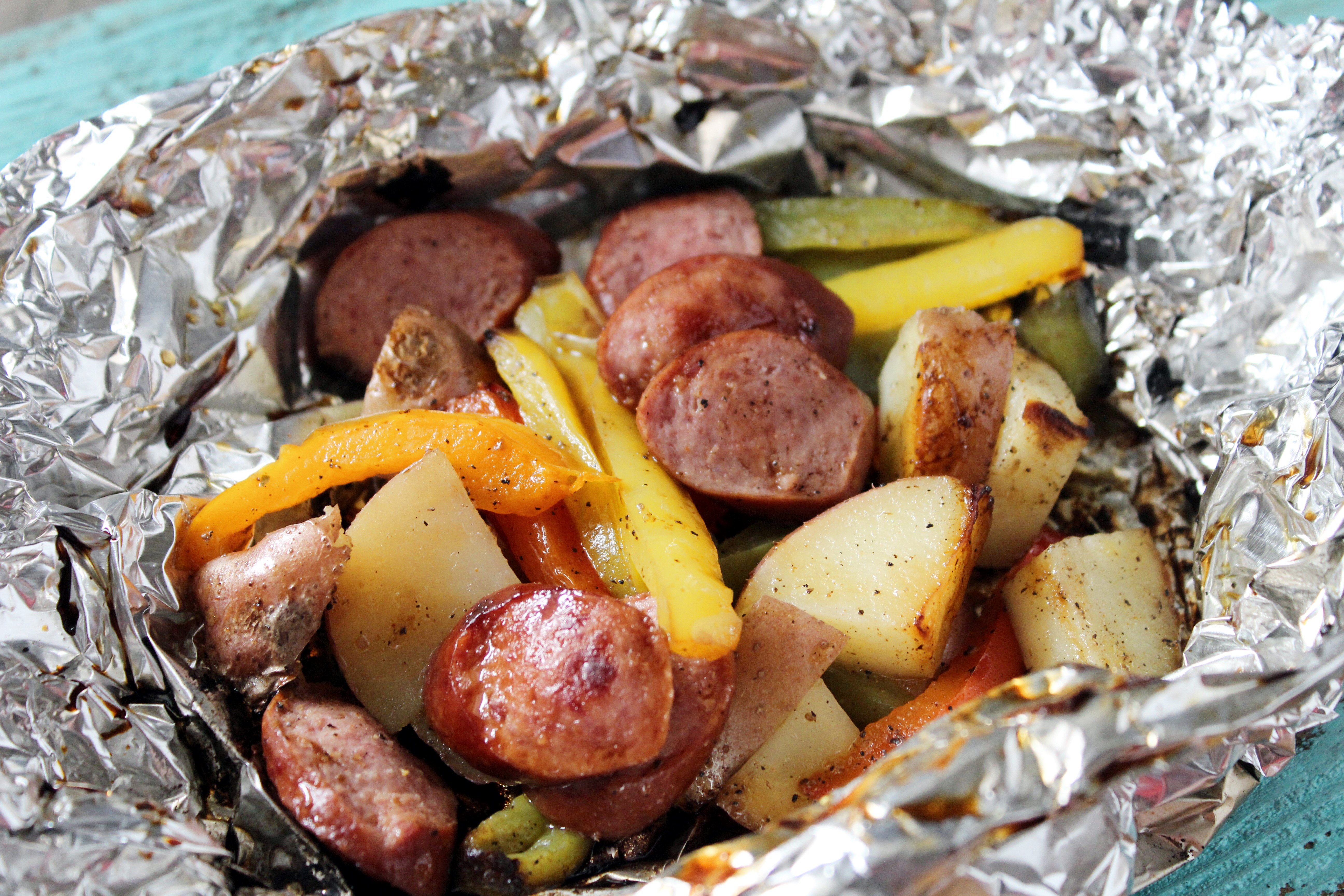 Grilled Sausage and Peppers in Tin Foil