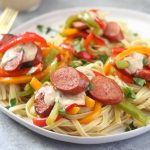 Lightened Up Fettucine Alfredo with Smoked Turkey and Bell Peppers